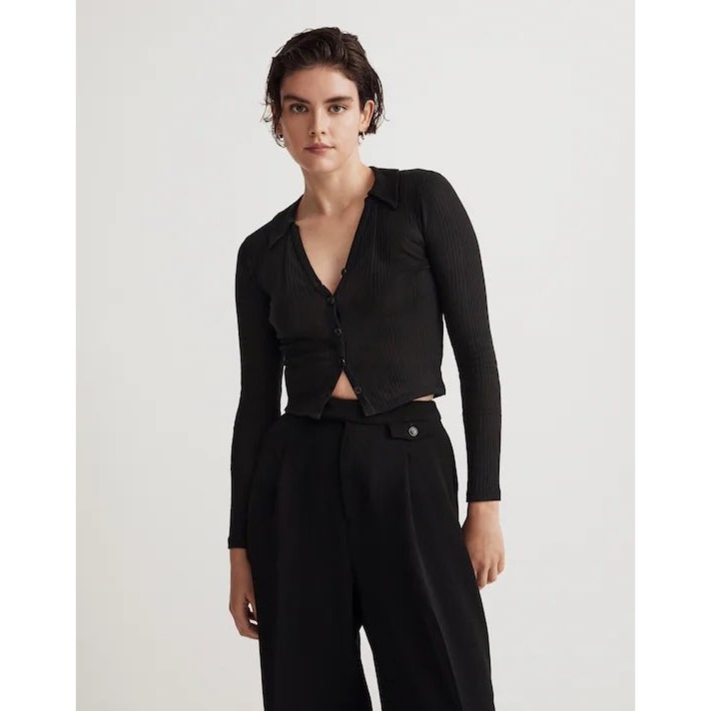 Madewell Variegated Rib V-Neck Polo Button Front Top Black XS